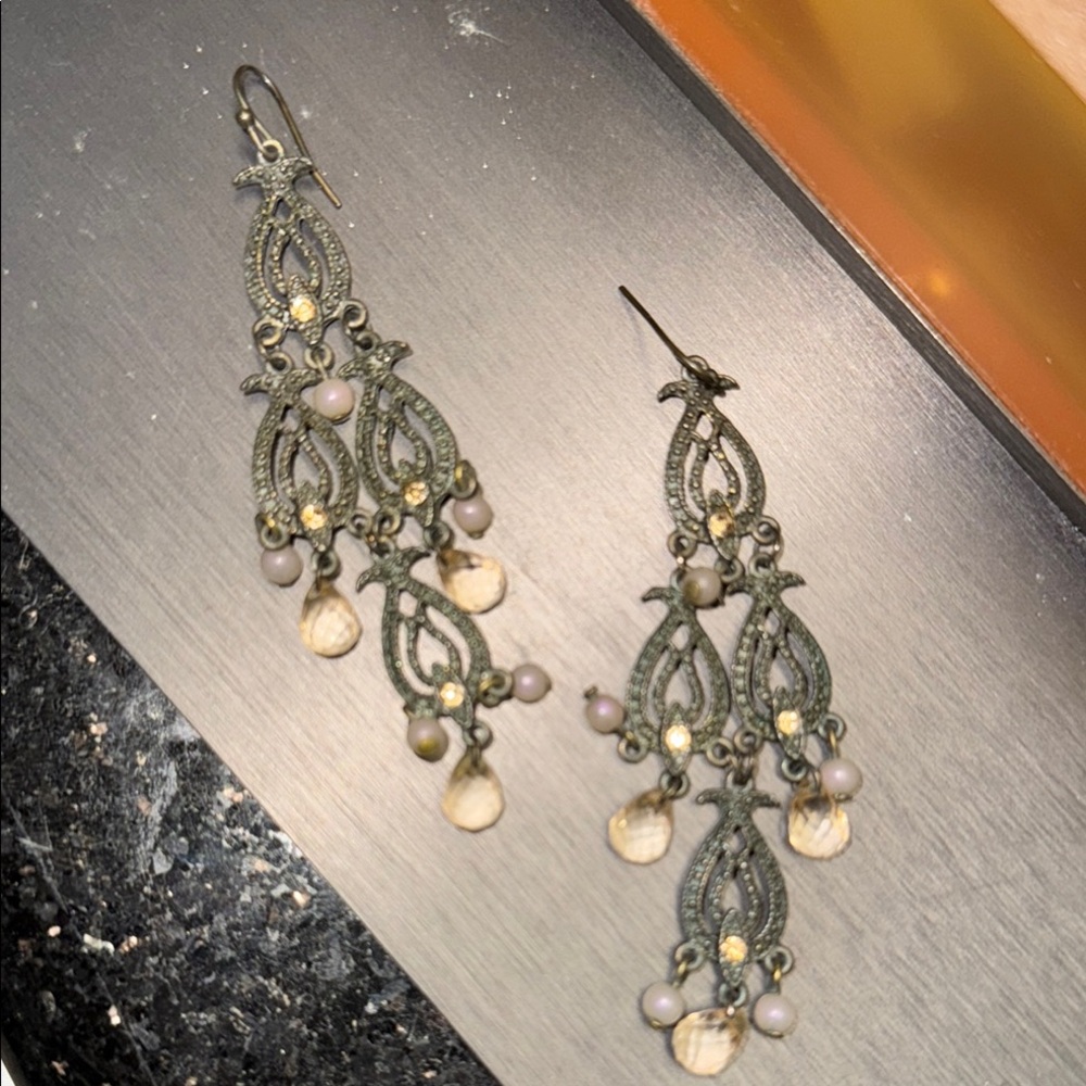 Elegant Gold and Cream Chandelier Earrings